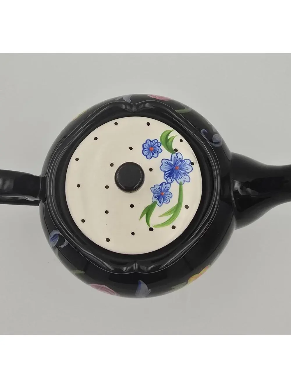 Vintage Bella Casa Ganz Black Floral Teapot Hand Painted w/ Original Sticker